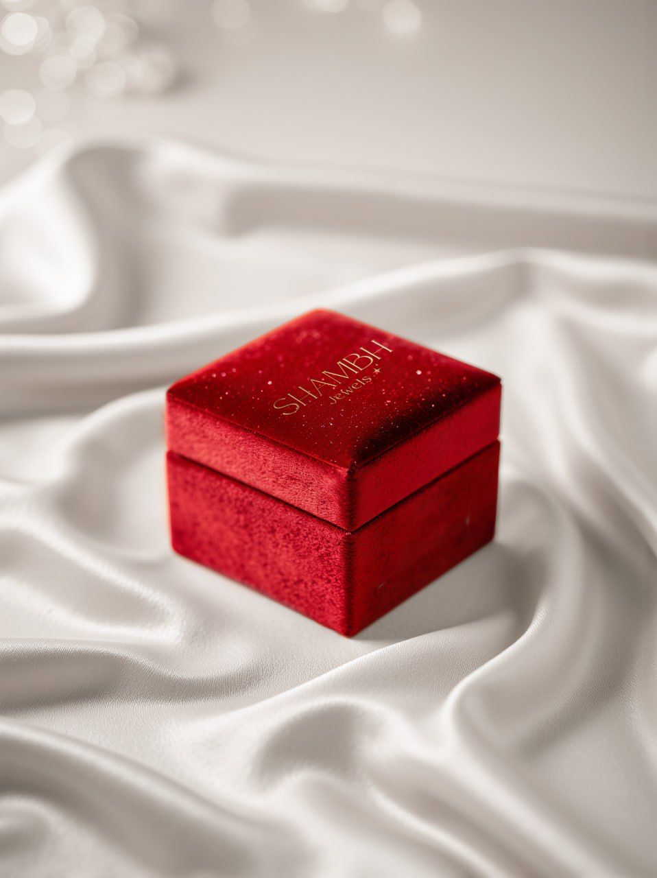 Premium SHAMBH Jewels packaging in a red velvet box with gold lettering.