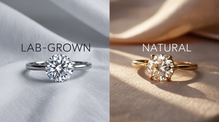 Lab-grown vs. natural diamond solitaire rings in white and yellow gold.