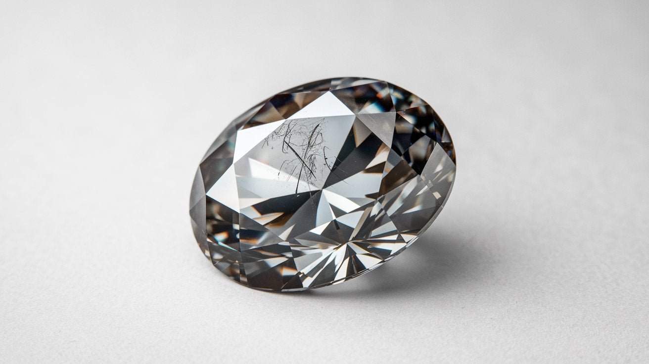 Close-up of a loose grey lab-grown diamond with visible inclusions, resting on a light surface