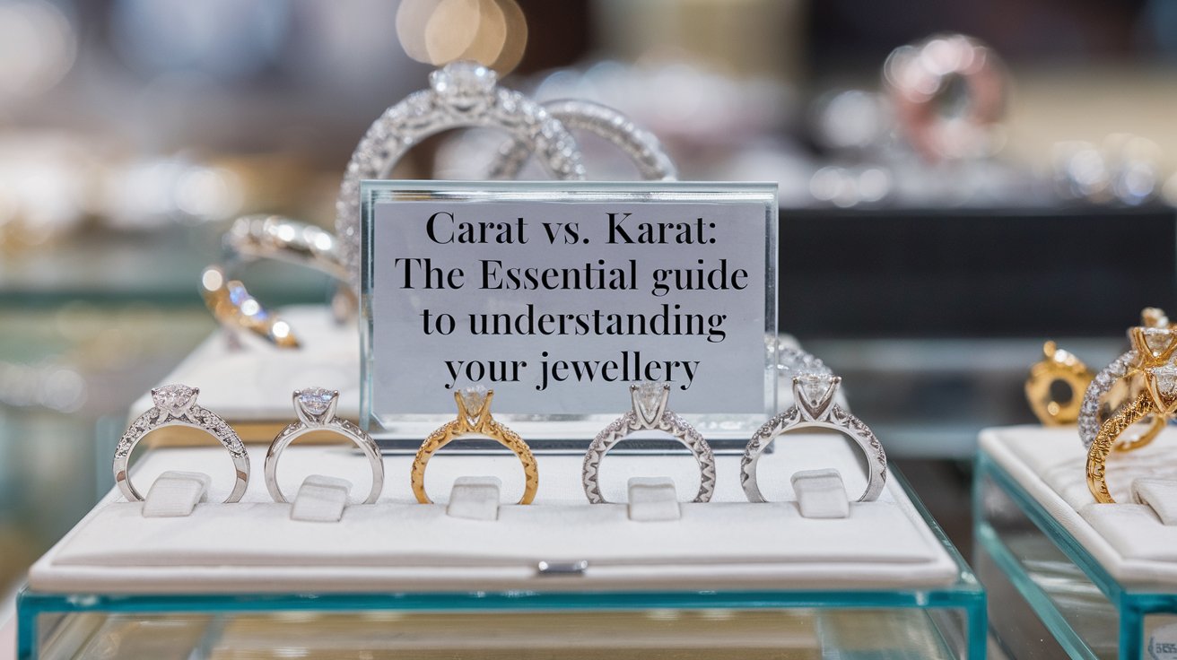 Jewelry store display featuring diamond engagement ring settings in white and yellow gold with an informational sign on carat vs. karat.