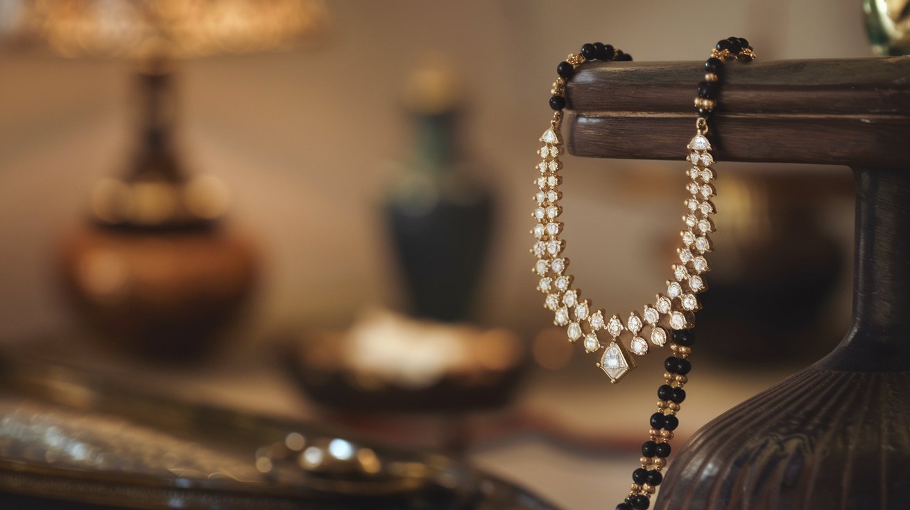 Traditional Indian mangalsutra featuring sparkling diamonds and a teardrop pendant