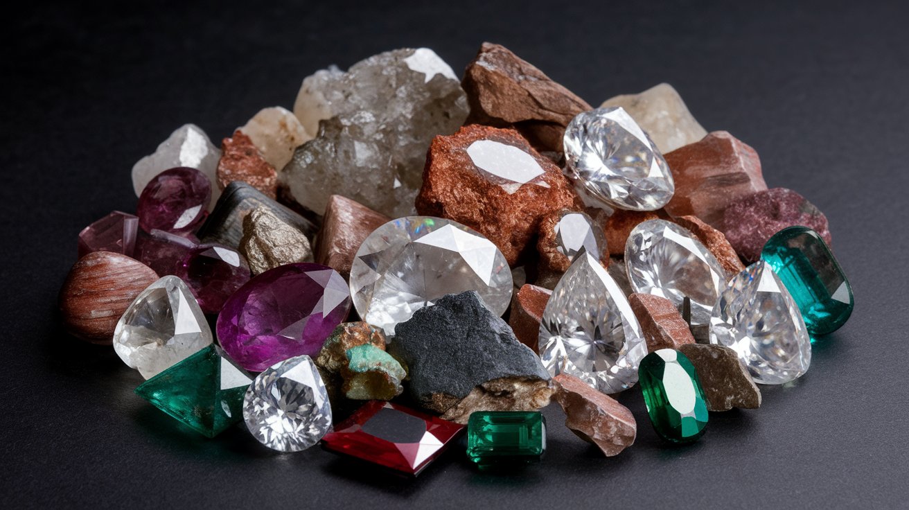 Close-up of natural and faceted gemstones, including rough mineral rocks and polished precious stones