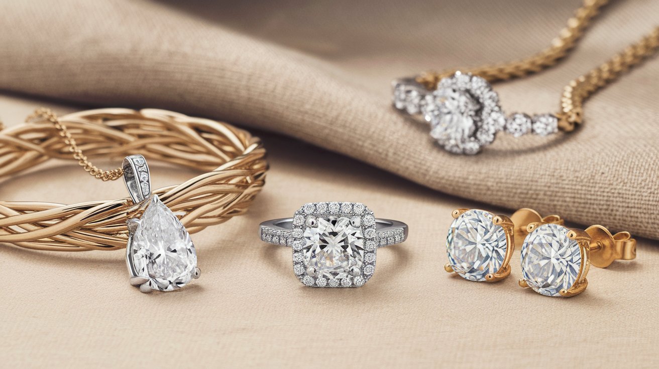 Luxury diamond jewelry collection with gold and silver designs, including a teardrop pendant and halo ring.
