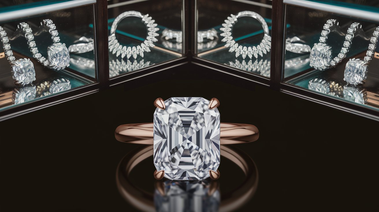 Radiant cushion-cut diamond ring with rose gold band displayed alongside luxury diamond jewelry set.