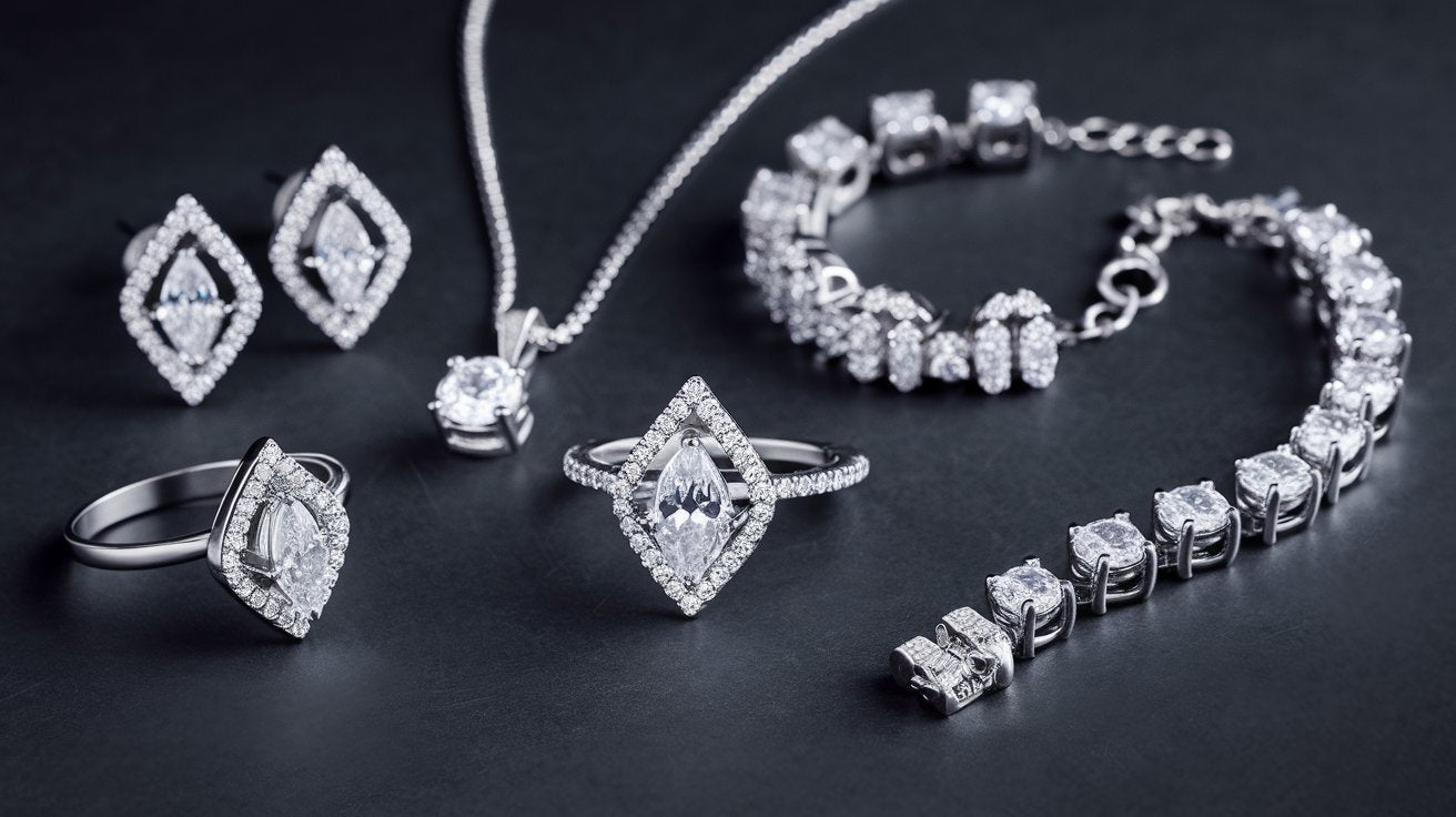 Elegant lab-grown diamond jewelry set featuring rings, earrings, a pendant necklace, and a tennis bracelet in a stunning silver setting, perfect for luxury and sustainability.