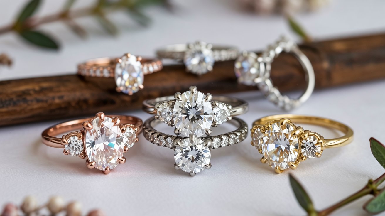 Elegant three-stone diamond engagement rings in rose gold, white gold, and yellow gold settings, beautifully arranged with nature-inspired accents