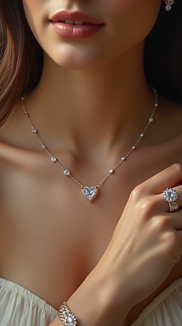 Model wearing a heart-shaped diamond necklace and matching jewelry.