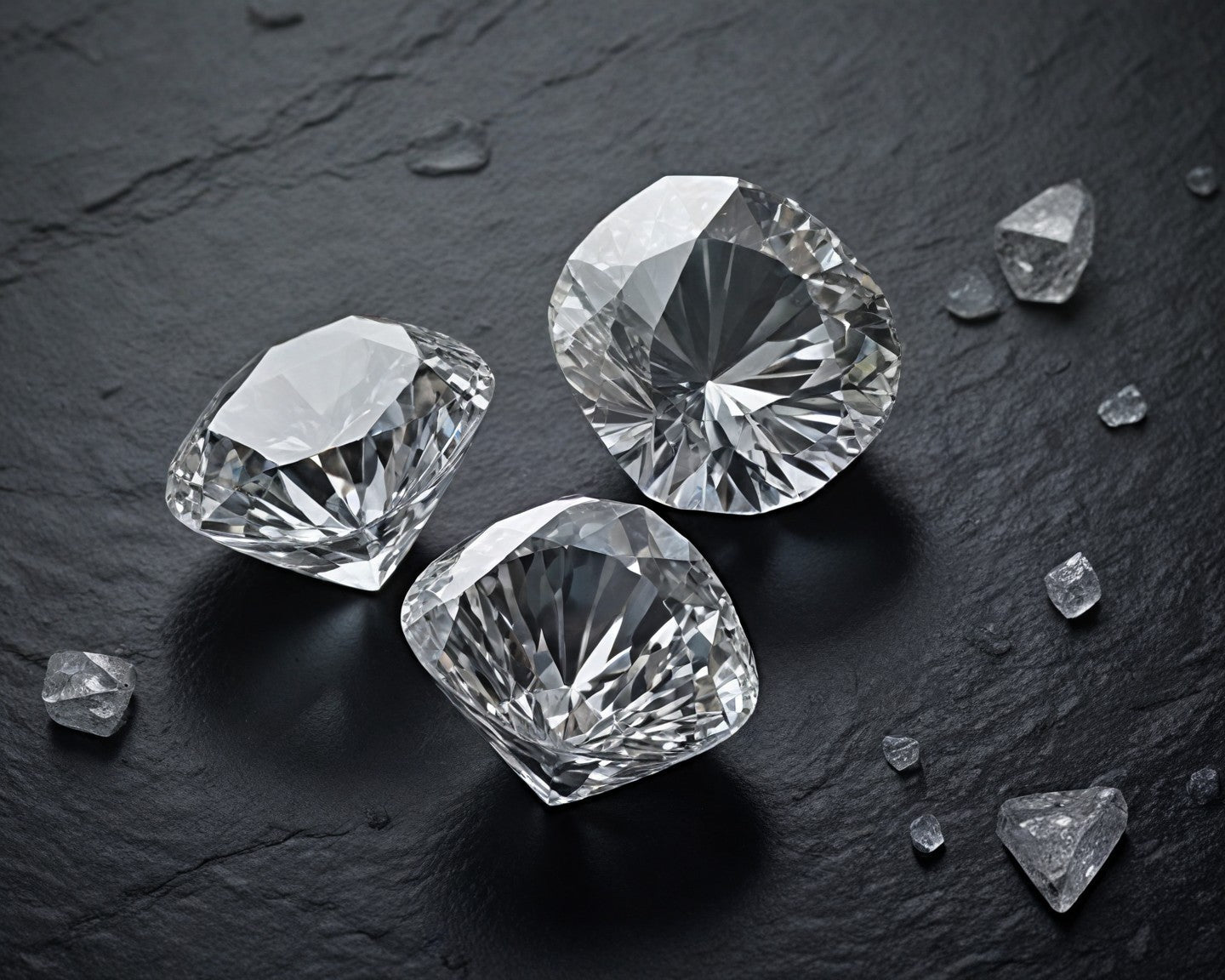 Brilliantly faceted diamonds alongside rough diamond pieces, showcasing the transformation from raw to refined gems.