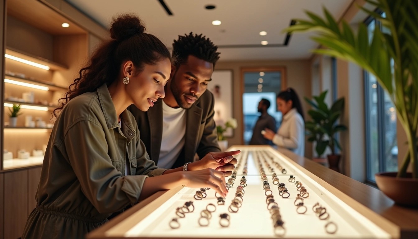 Luxury jewelry shopping scene with a stylish couple selecting rings from a beautifully arranged display case.
