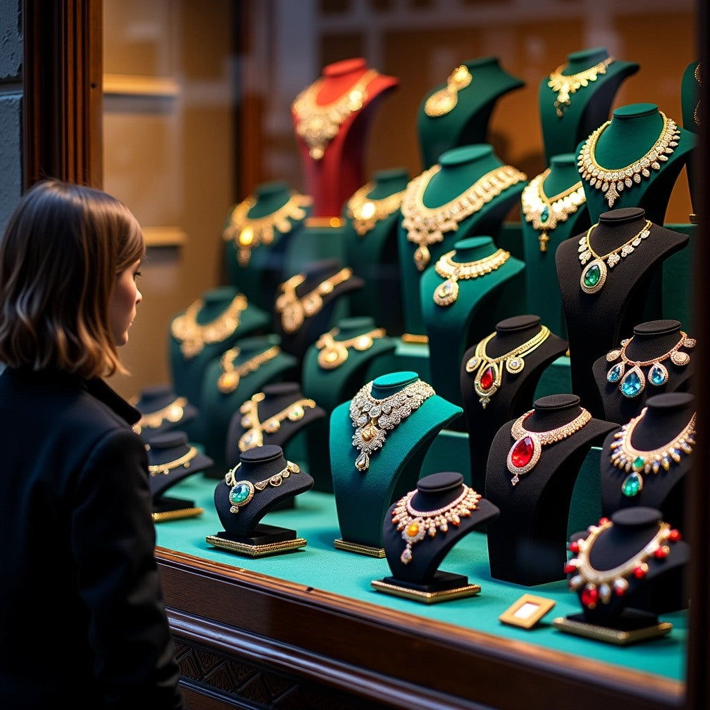 Jewelry boutique display featuring traditional and modern gold necklace designs with vibrant gemstones and intricate details.