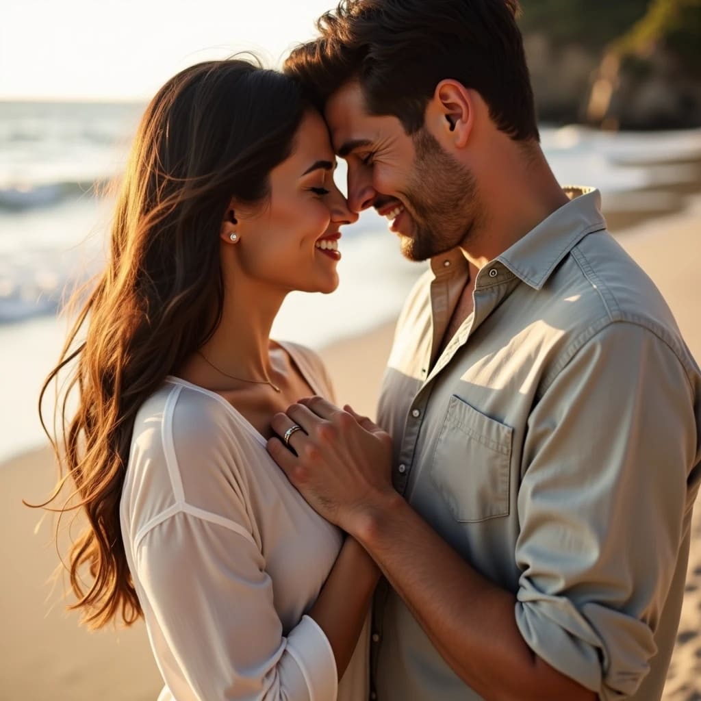 Smiling couple in a romantic beach setting, showcasing engagement jewelry.