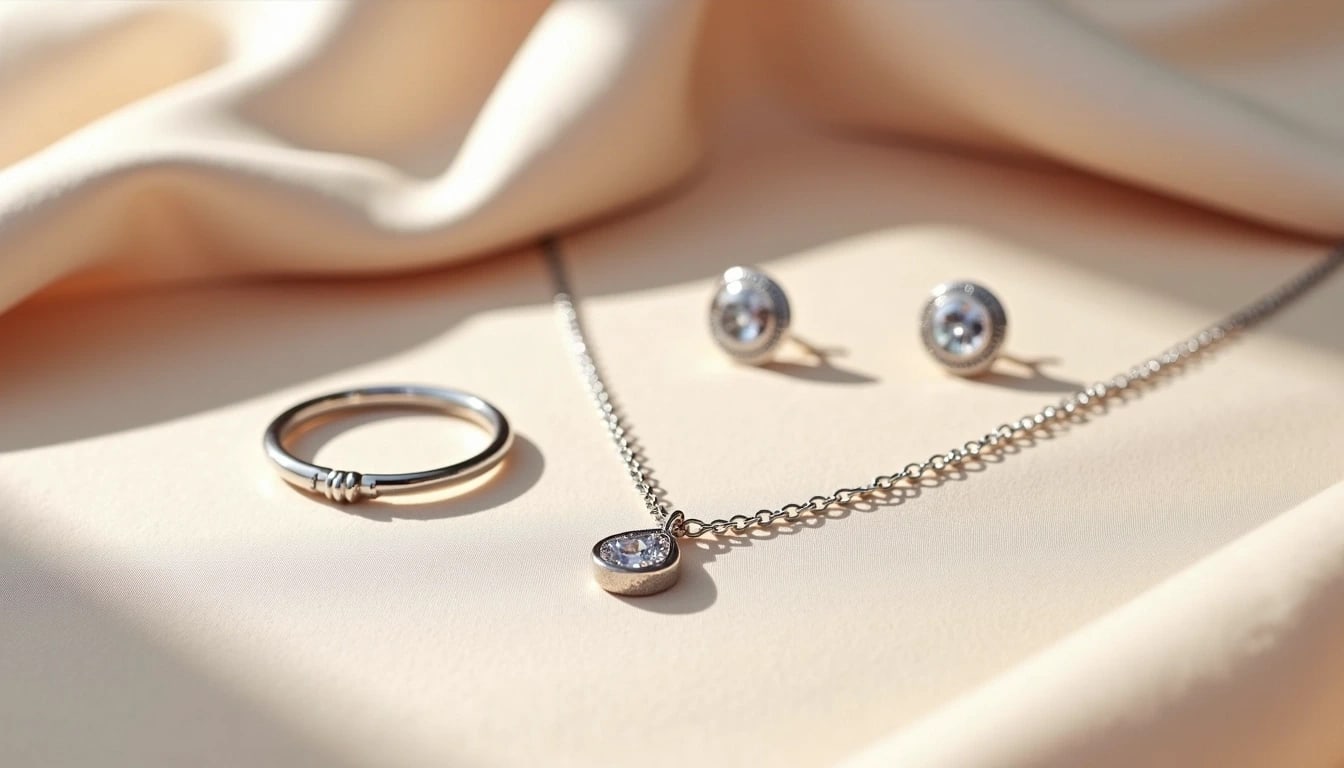 Timeless diamond jewelry set with a minimalist pendant, earrings, and band, perfect for everyday elegance.