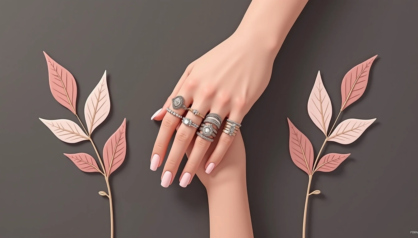 Elegant hand adorned with multiple diamond rings, showcasing intricate designs against a stylish artistic background with pastel leaves.