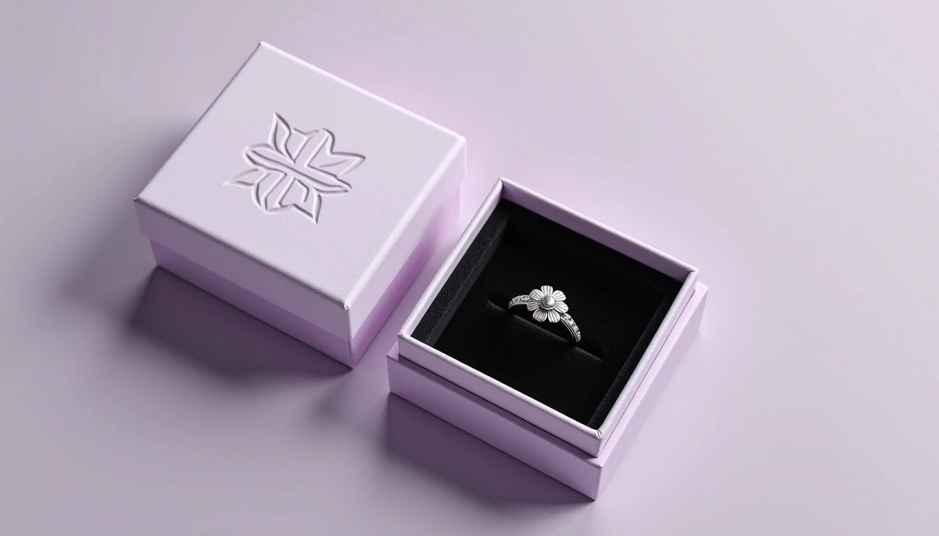 Stylish flower-shaped silver ring displayed in a pastel purple jewelry box with velvet interior.