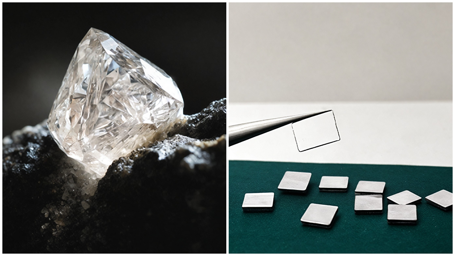 Visual representation of the natural diamond industry versus lab-grown diamond technology, highlighting their distinct characteristics.