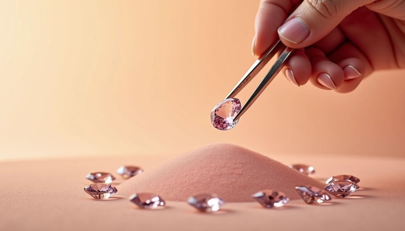 Elegant lab-grown diamonds carefully selected with tweezers, showcasing their brilliance and precision-cut craftsmanship—perfect for luxury jewelry and engagement rings.
