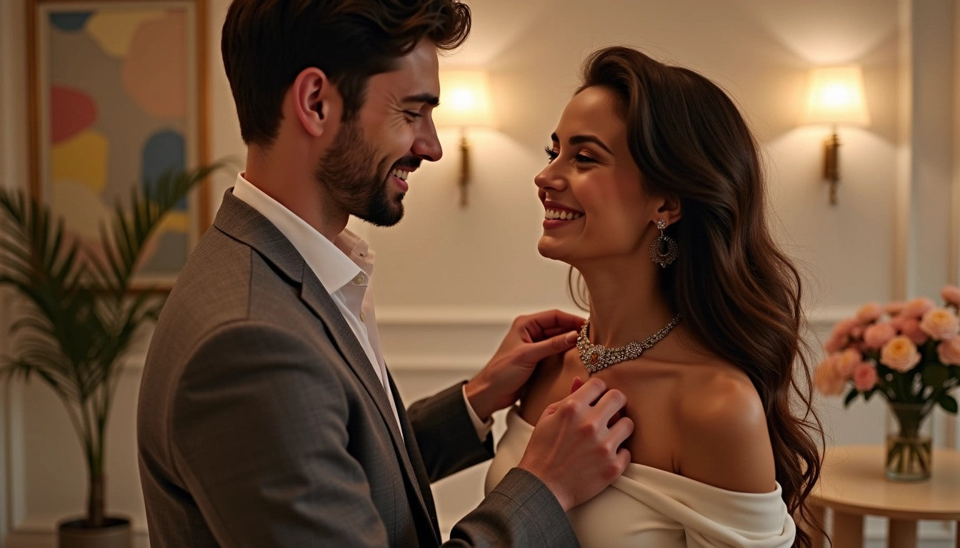 Man admiring his partner as she glows in exquisite diamond jewelry at a romantic evening event.