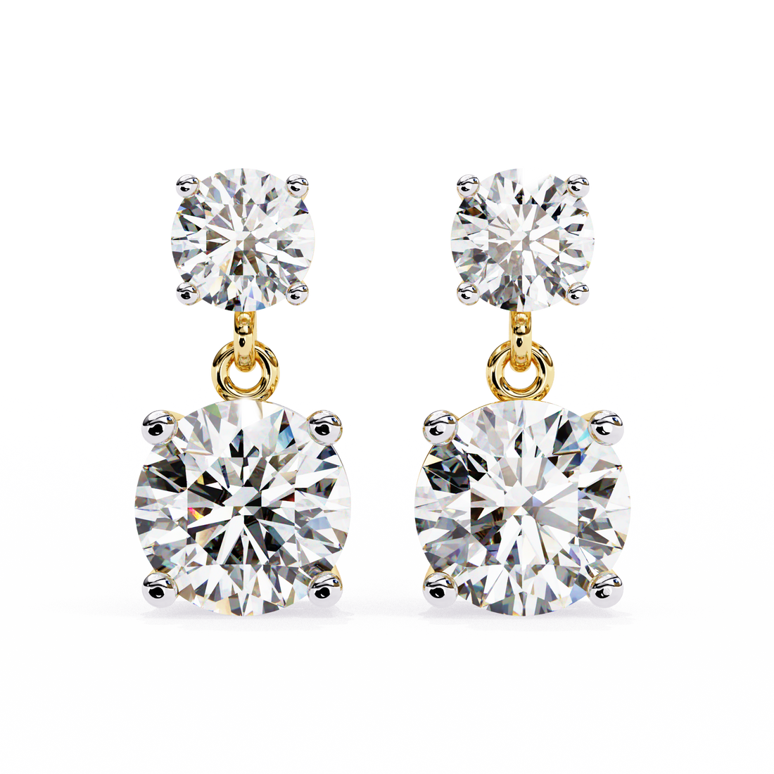 Stella Diamond Earrings featuring round-cut diamonds in a classic two-stone drop design set in gold for a timeless and elegant look.