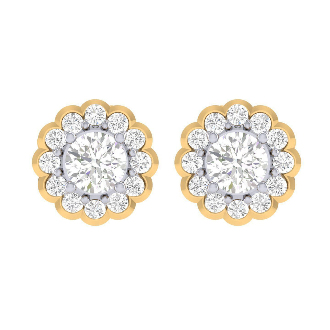 Gold solitaire earrings with a central round diamond encircled by a halo of smaller diamonds in a floral-inspired design.