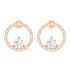 Rose Gold circular solitaire diamond earrings with a halo of smaller diamonds, featuring a suspended central diamond for an elegant and luxurious look.