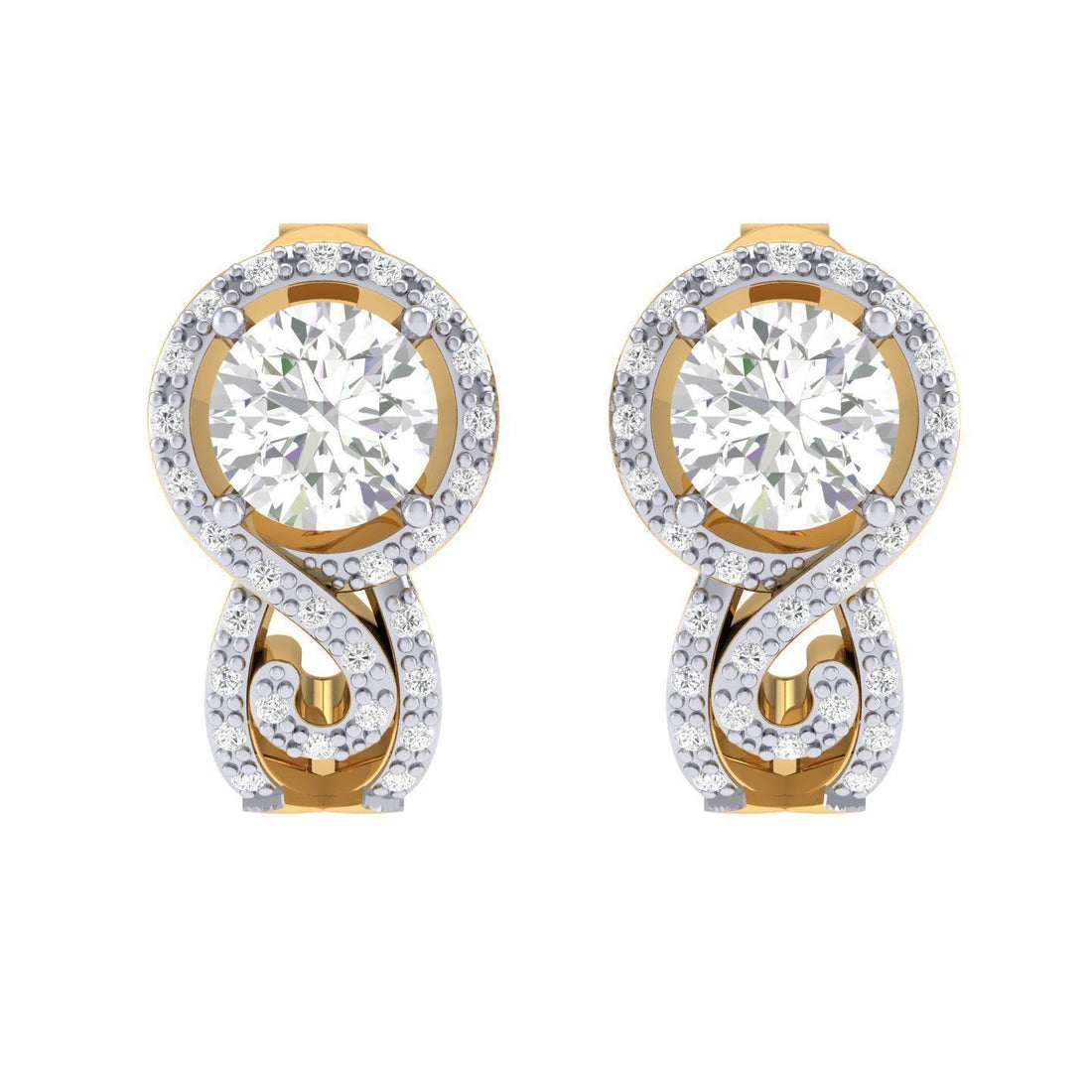 India Solitaire Earrings in gold with a swirl diamond-studded design and a striking solitaire centerpiece.