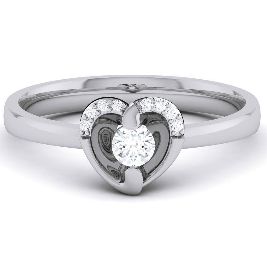 Elegant heart-shaped lab-grown diamond ring with a solitaire center stone and accent diamonds on a sleek metal band.