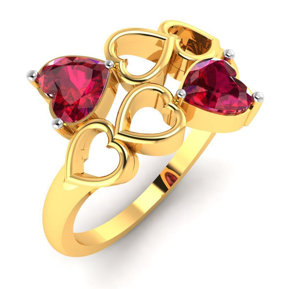 Heart-inspired gold ring featuring two red gemstones and open heart-shaped gold designs for a romantic touch.