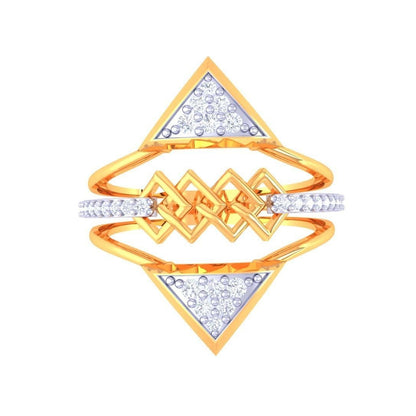 Gold and diamond statement ring with geometric triangle designs, intricate gold lattice, and diamond-studded bands.