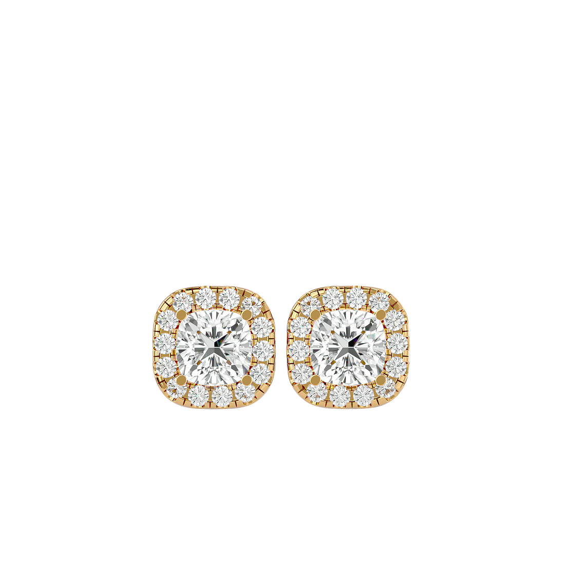 Ophelia Diamond Earrings with cushion-cut diamonds surrounded by a brilliant halo of smaller diamonds set in gold for a luxurious and radiant look.