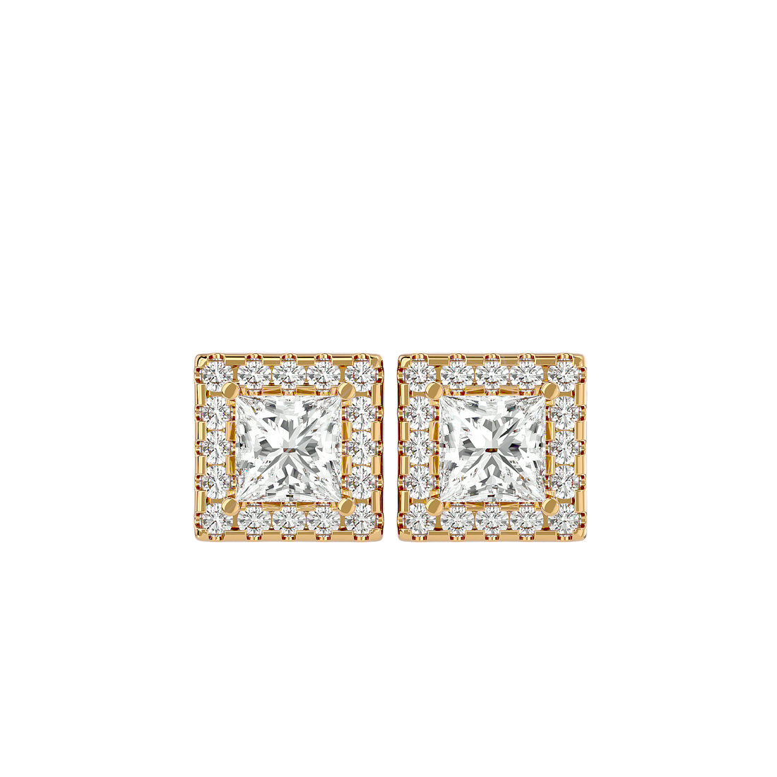 Luna Diamond Earrings featuring princess-cut diamonds with a halo of round diamonds set in gold for a radiant finish.