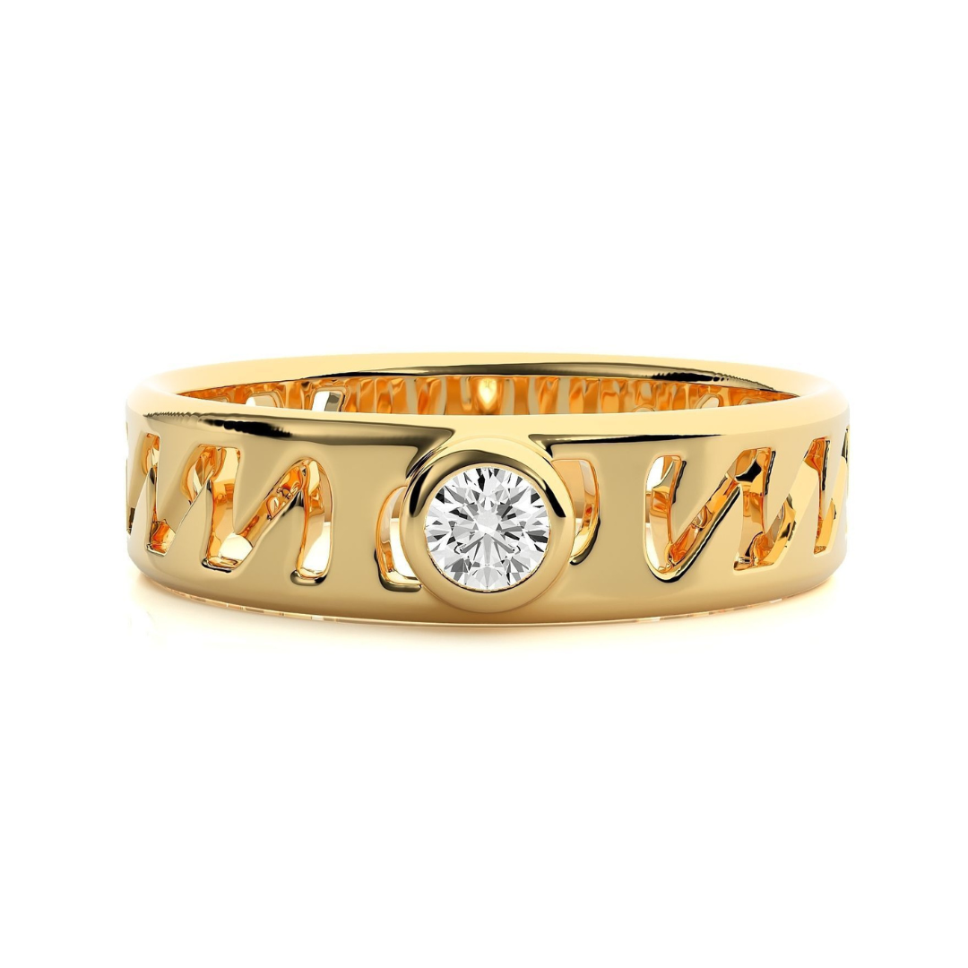  Gold diamond ring with intricate cut-out design featuring a bezel-set round diamond at the center for a sleek and modern look.